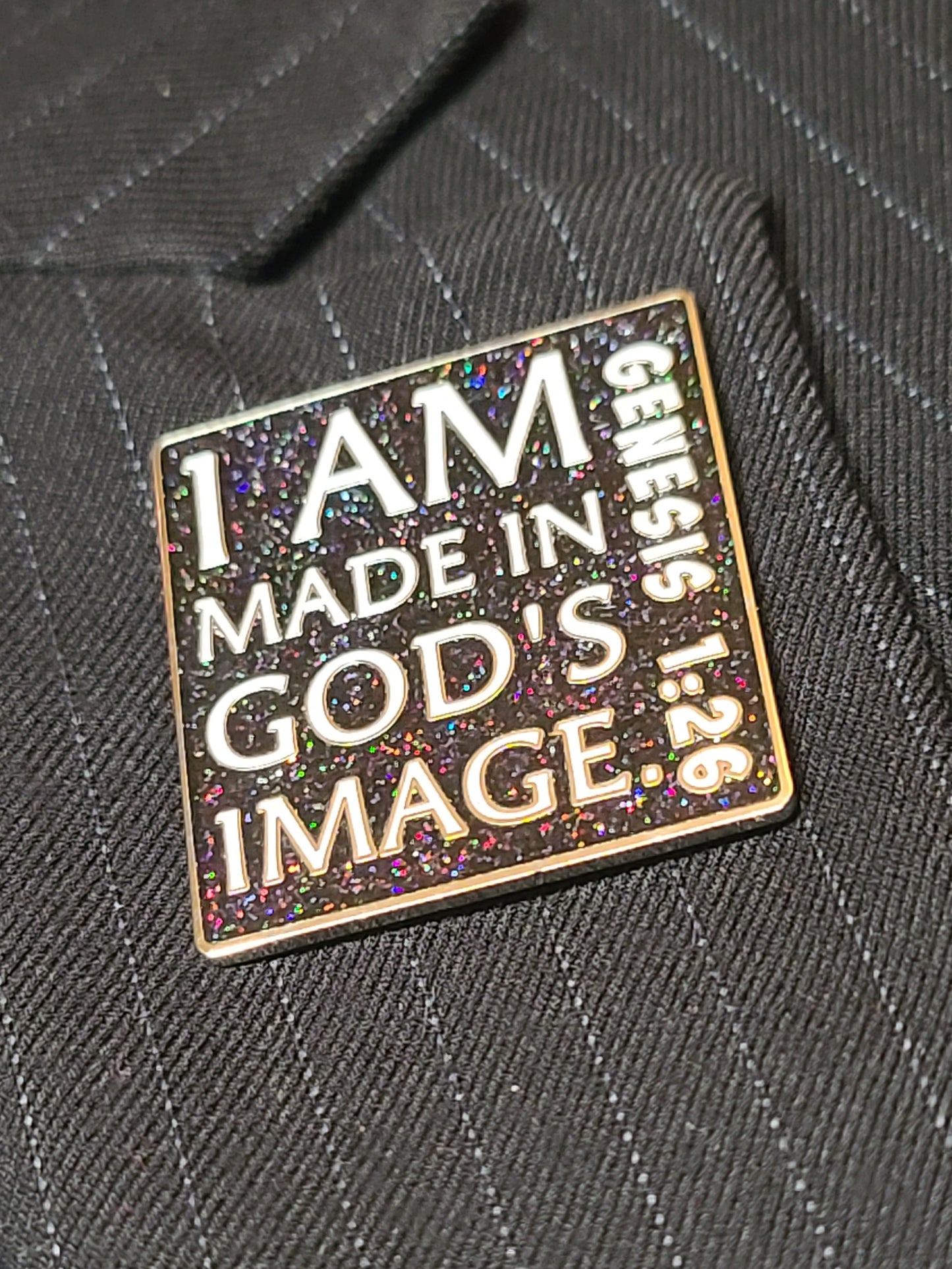 01- I AM Made in God’s Image. Exclusive Enamel Pin. Black/White Glitter. Shiny Silver Metal.